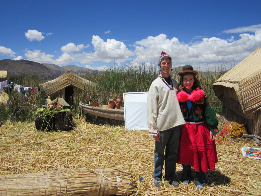 Experiencing local dress of the Uros people on Peru's Lake Titicaca.