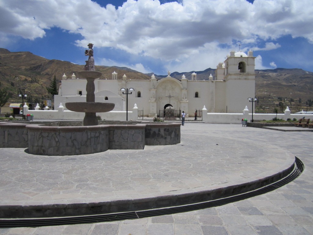The Plaza de Armas and main cathedral of the quaint village of Yanque, Peru, just outside of the Colca Canyon. 