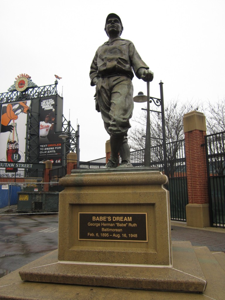 A state of Babe Ruth stands prominently outside the gates of Camden Yards, home of the Baltimore Orioles. 