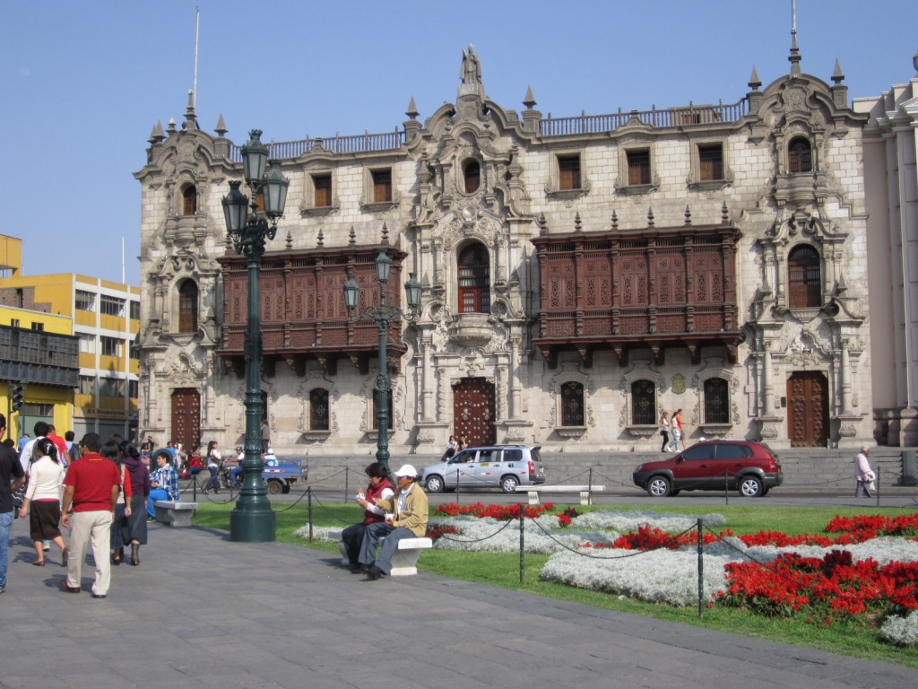 The Palacio Arzobispal in Lima's Plaza Mayor, with its ornately carved Moorish-style wooden balconies. 